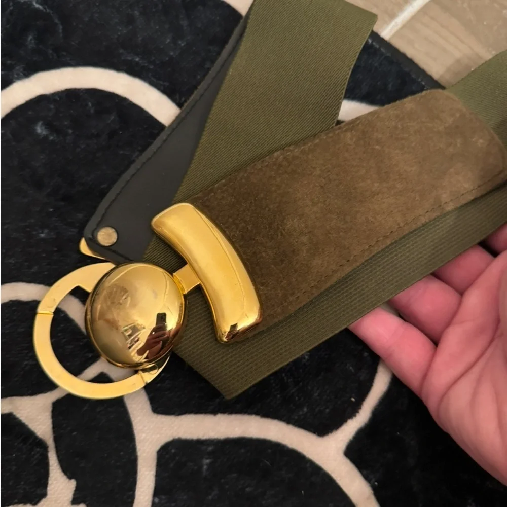 Suede elastic back Olive green Belt With Gold Circular Buckle Size M/L